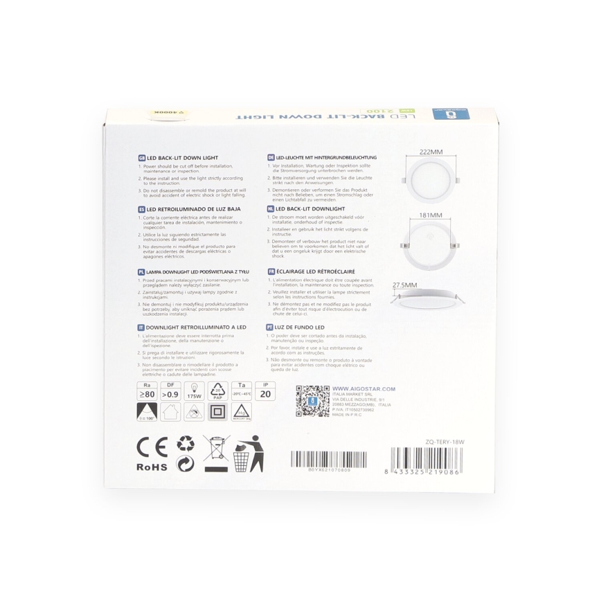 Aigostar - LED upotettava valo LED/18W/230V 4000K halkaisija 22 cm valkoinen