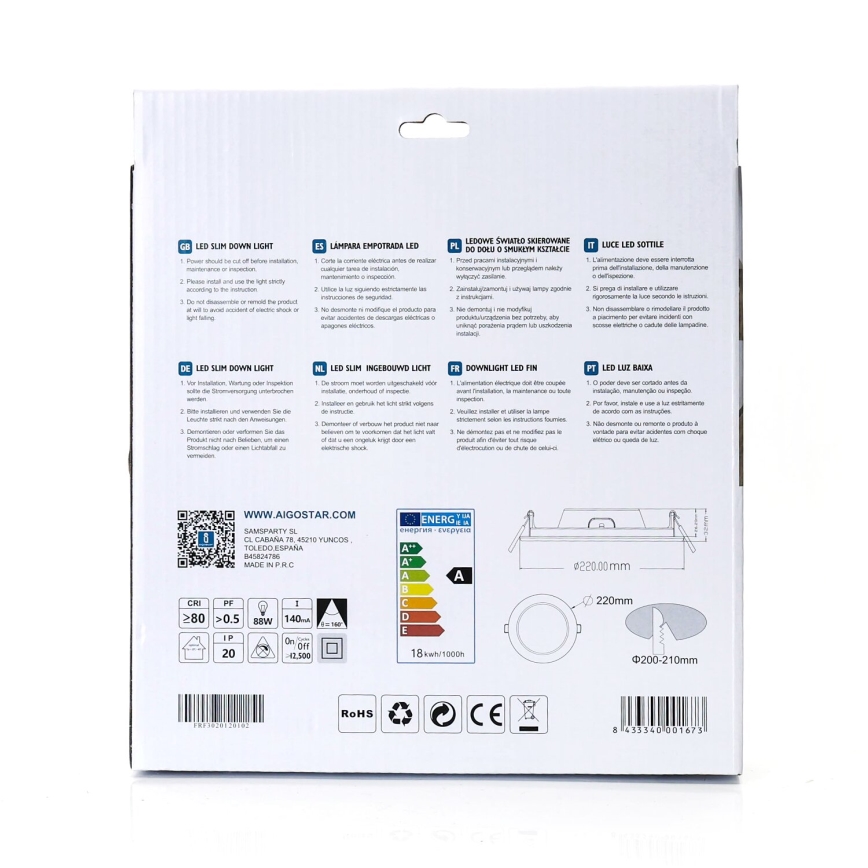 Aigostar - LED upotettava valo ULTRATHIN LED/18W/230V 4000K valkoinen
