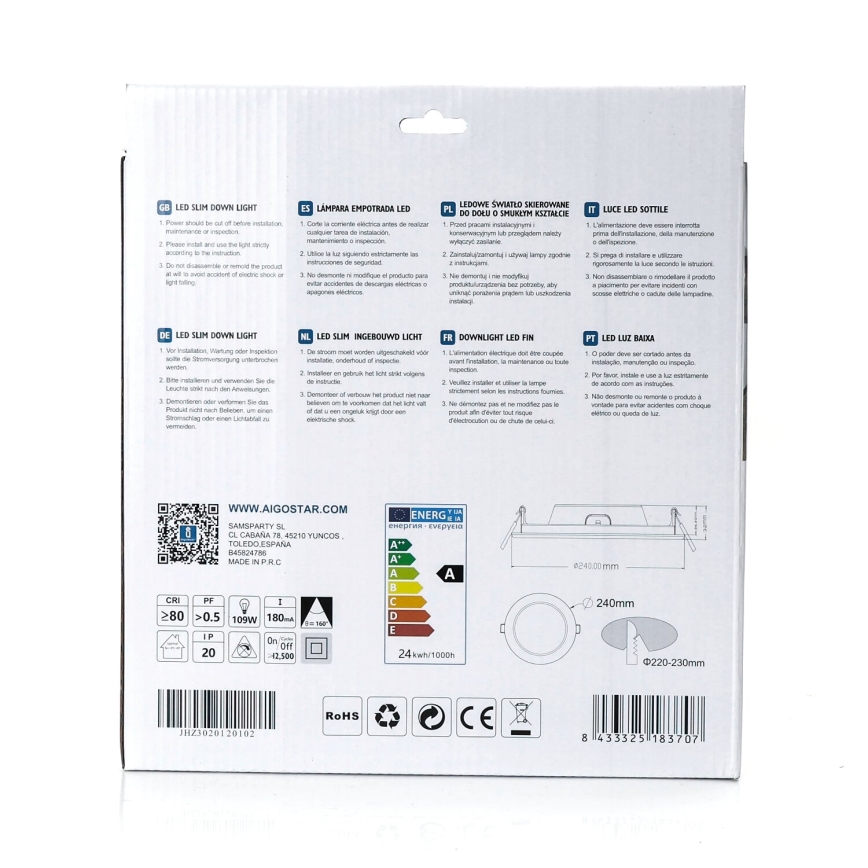 Aigostar - LED upotettava valo ULTRATHIN LED/24W/230V 4000K valkoinen