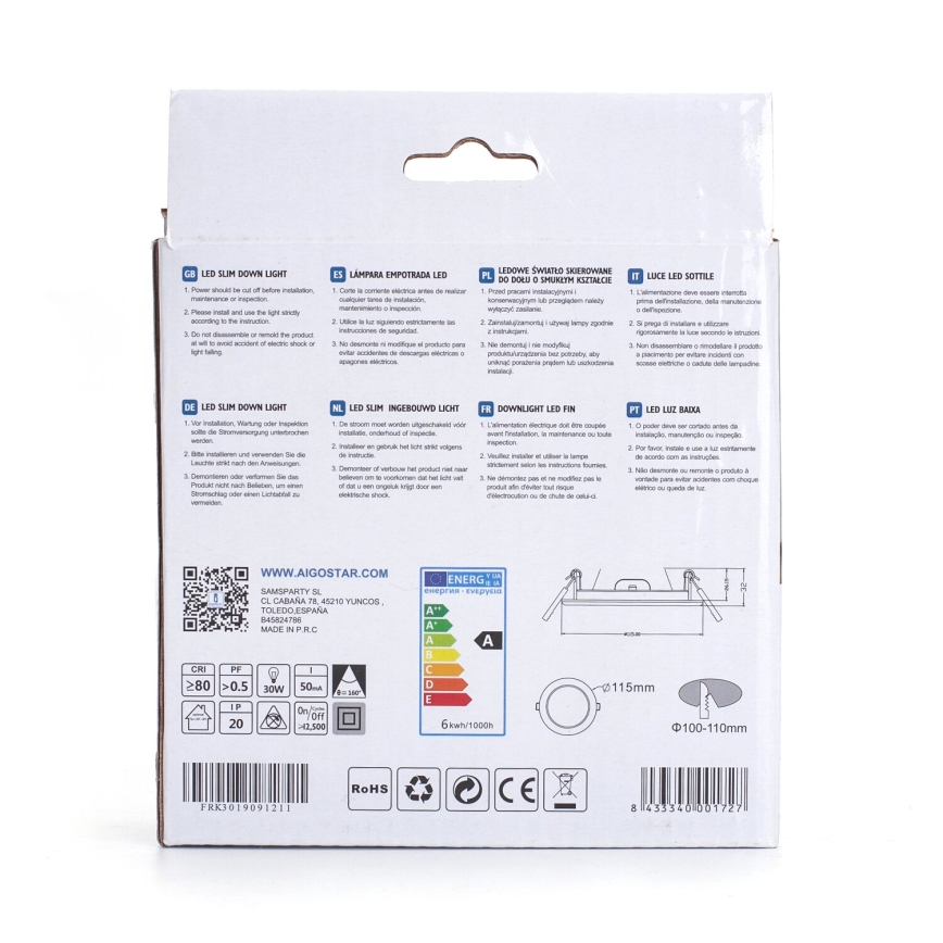 Aigostar - LED upotettava valo ULTRATHIN LED/6W/230V 3000K valkoinen