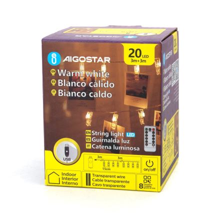 Aigostar - LED-valoketju 20xLED/5W/USB 6 m lämmin valkoinen