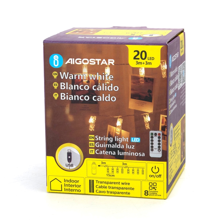 Aigostar - LED-valoketju 20xLED/5W/USB 6 m lämmin valkoinen