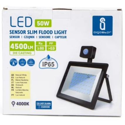 Aigostar - LED Valonheitin anturilla LED/50W/230V 4000K IP65 musta