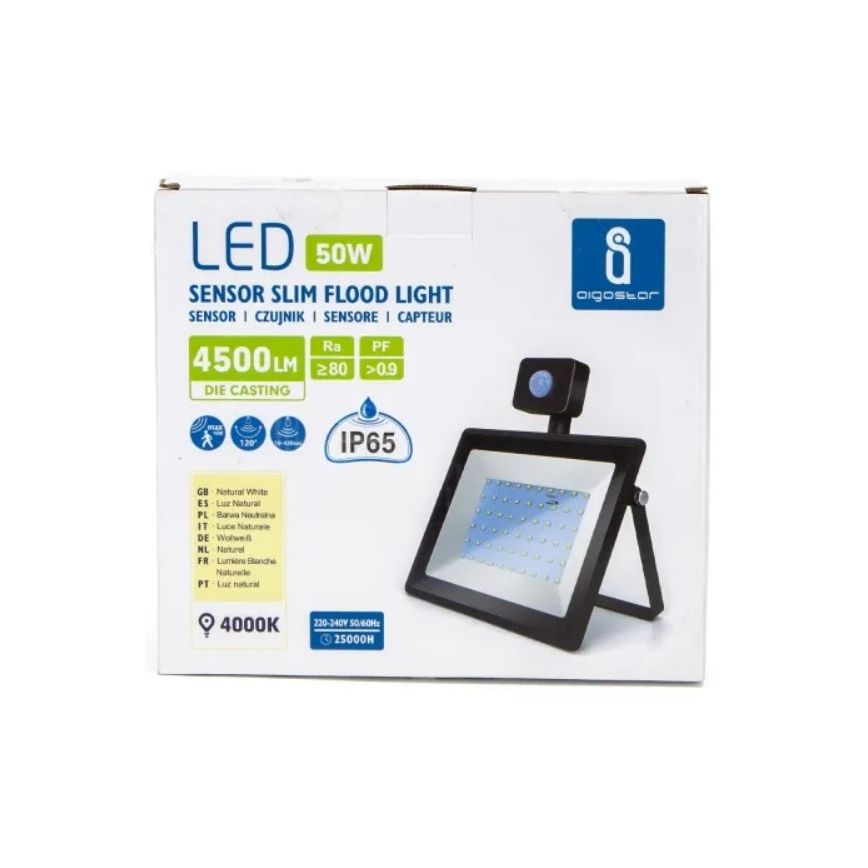 Aigostar - LED Valonheitin anturilla LED/50W/230V 4000K IP65 musta