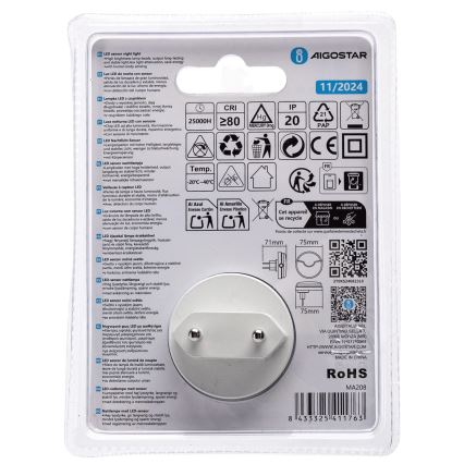 Aigostar - LED Yövalo hämärätunnistimella LED/0,5W/230V 3000K