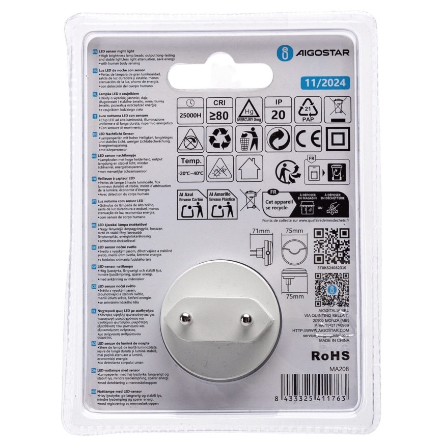Aigostar - LED Yövalo hämärätunnistimella LED/0,5W/230V 3000K