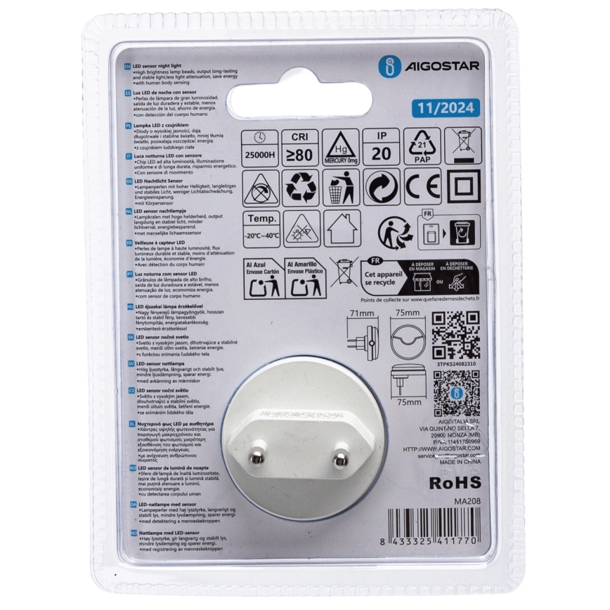 Aigostar - LED Yövalo hämärätunnistimella LED/0,5W/230V 6500K