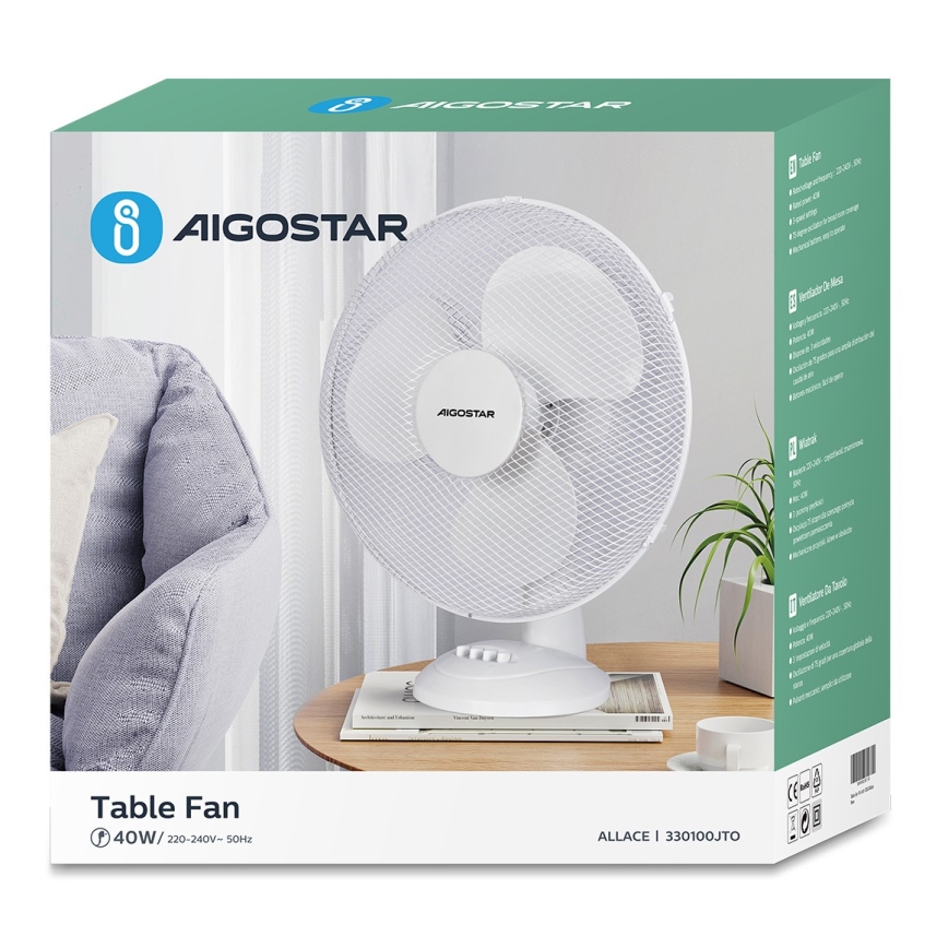 Aigostar - Pöytätuuletin 40W/230V valkoinen