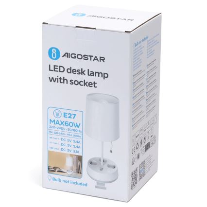 Aigostar - Pöytävalaisin pistorasioilla ja USB-porteilla, 1xE27/60W/230V, valkoinen