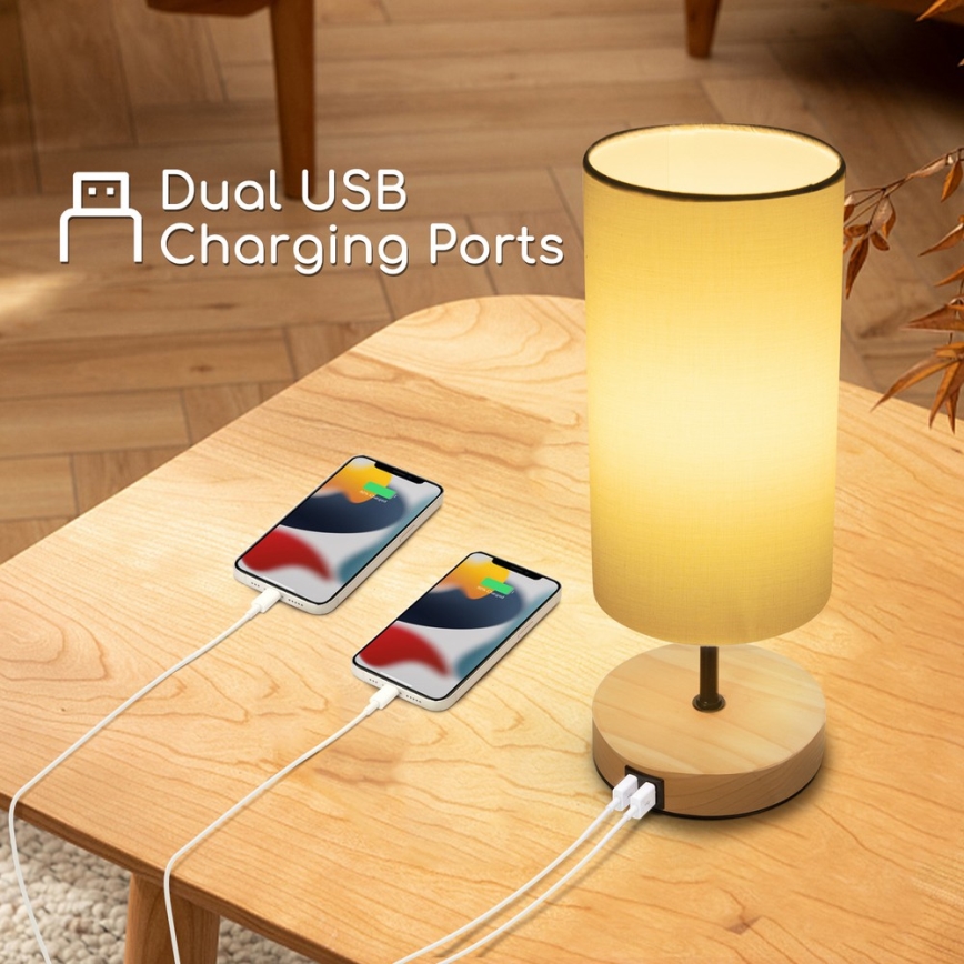 Aigostar - Pöytävalaisin USB-portilla 1xE27/40W/230V beige