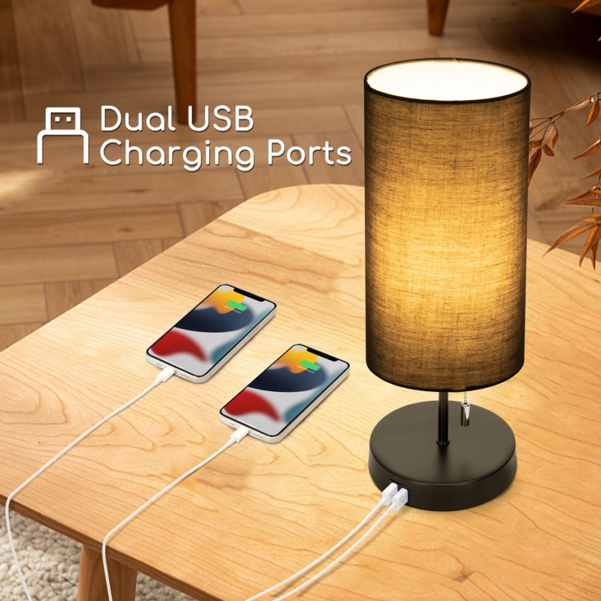 Aigostar - Pöytävalaisin USB-portilla 1xE27/40W/230V musta