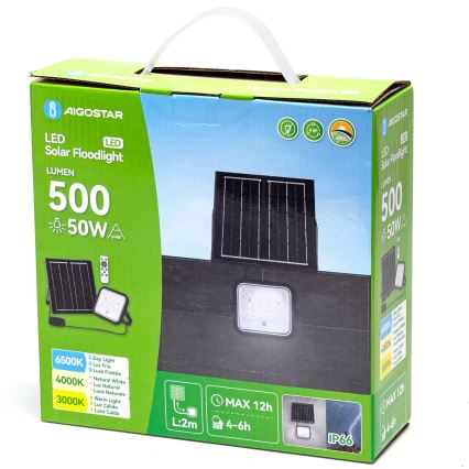 Aigostar - LED himmennettävä aurinkokohdevalo LED/50W/3,4V 3000/4000/6500K IP66 4000 mAh + kaukosäädin