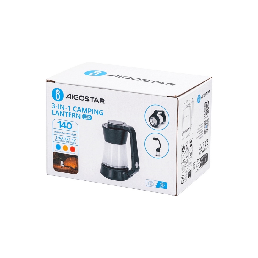 Aigostar - LED himmennettävä retkilyhty 3-in-1 LED/3xAA musta