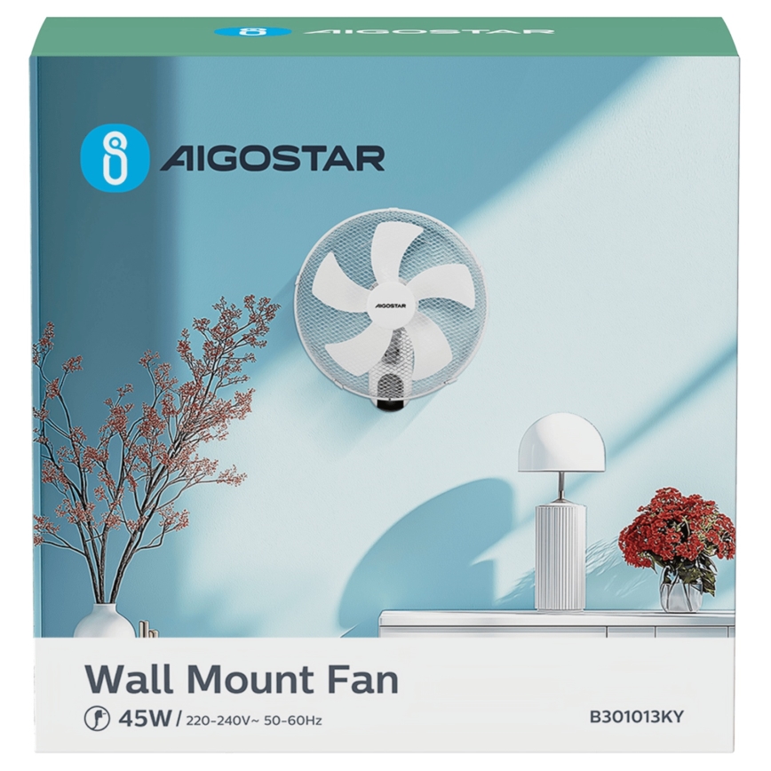 Aigostar -  Seinätuuletin 45W/230V valkoinen + kauko-ohjaus