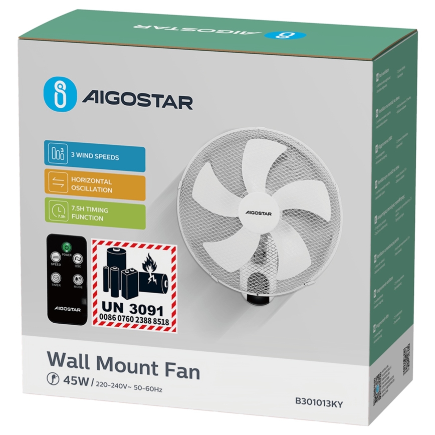 Aigostar -  Seinätuuletin 45W/230V valkoinen + kauko-ohjaus