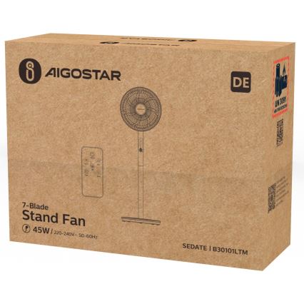 Aigostar - Seisova tuuletin 45W/230V valkoinen + kauko-ohjaus
