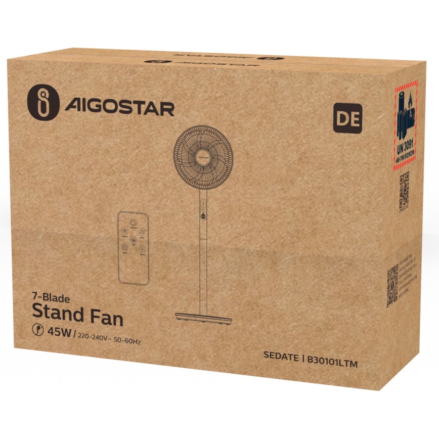 Aigostar - Seisova tuuletin 45W/230V valkoinen + kauko-ohjaus