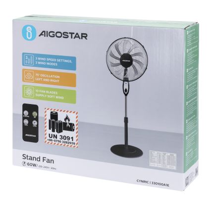 Aigostar - Seisova tuuletin 60W/230V musta + kauko-ohjaus