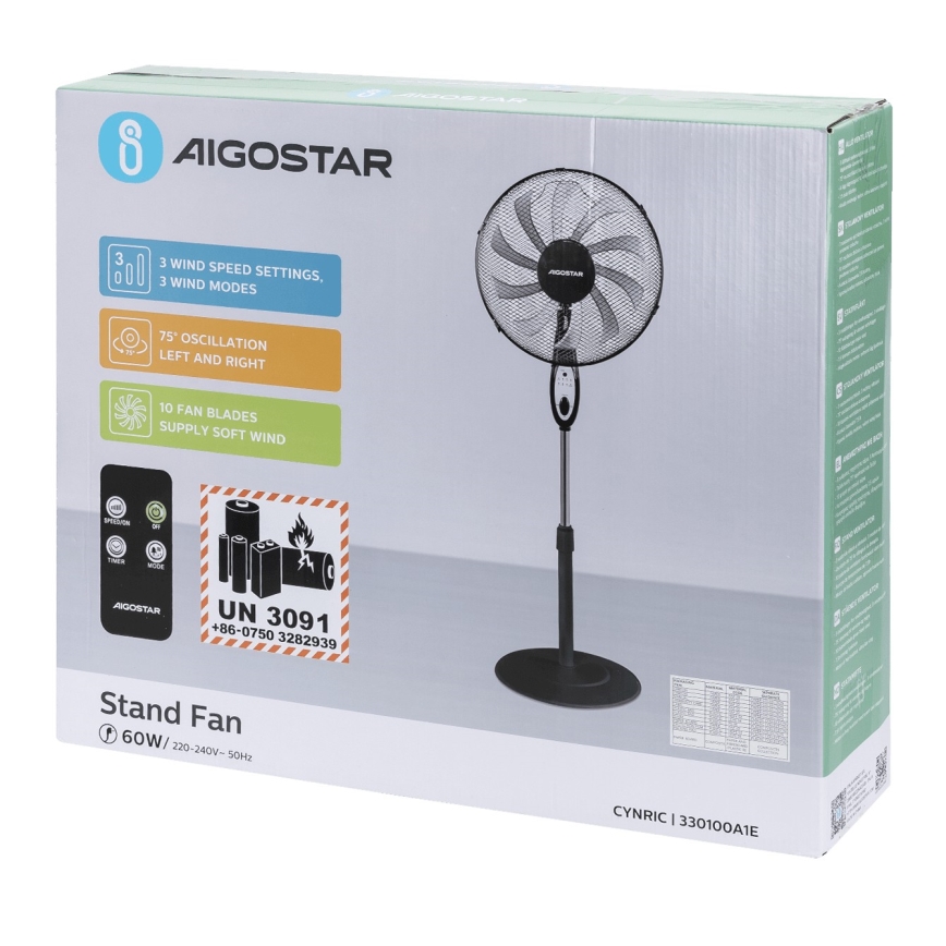 Aigostar - Seisova tuuletin 60W/230V musta + kauko-ohjaus