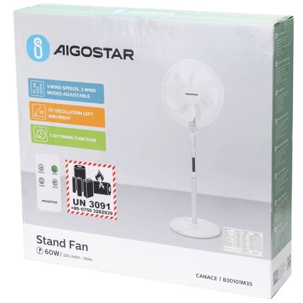 Aigostar - Seisova tuuletin 60W/230V valkoinen + kauko-ohjaus
