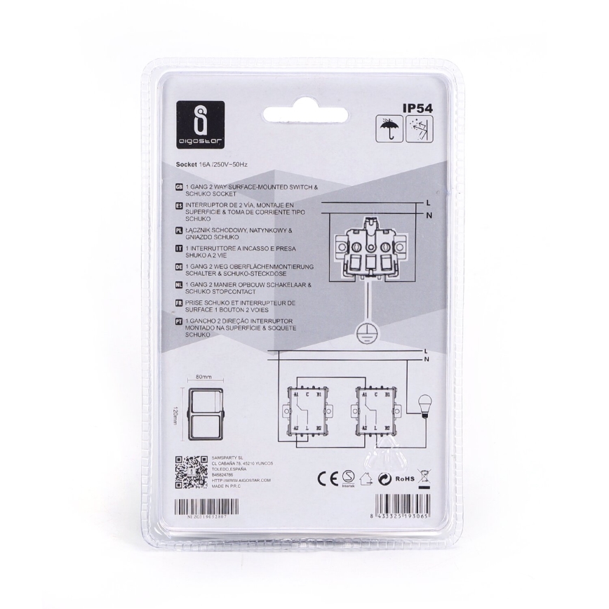 Aigostar - Ulkotila katkaisin 1P pistokkeella 1x16A/250V IP54