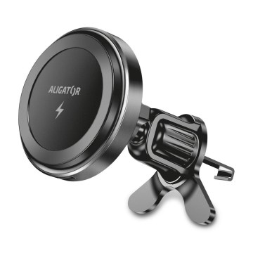 Aligator AMS05BK - Magneettinen puhelinteline autoon langattomalla Qi-latauksella 15 W ja MagSafe-yhteensopiva, musta