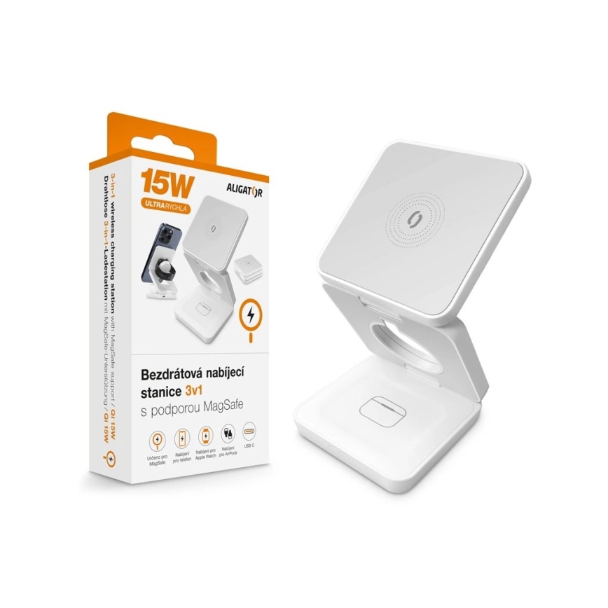 Aligator AMS09WT – MagSafe 3-in-1 langaton lataustelakka 15 W, valkoinen