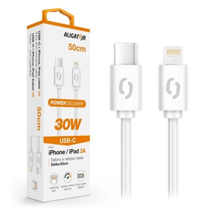 Aligator DATKP57 - USB-kaapeli USB-C / Lightning, 30 W Power Delivery, 0,5 m, valkoinen