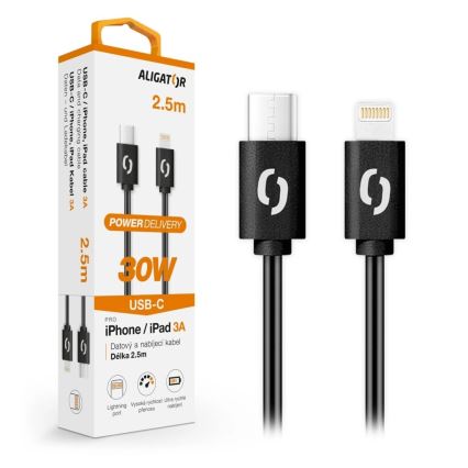 Aligator DATKP60 - USB-kaapeli USB-C / Lightning, 30 W Power Delivery, 2,5 m, musta