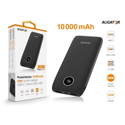 Aligator PBPD10BK - Varavirtalähde LCD-näytöllä Power Delivery 10000 mAh/20W/3,7V musta