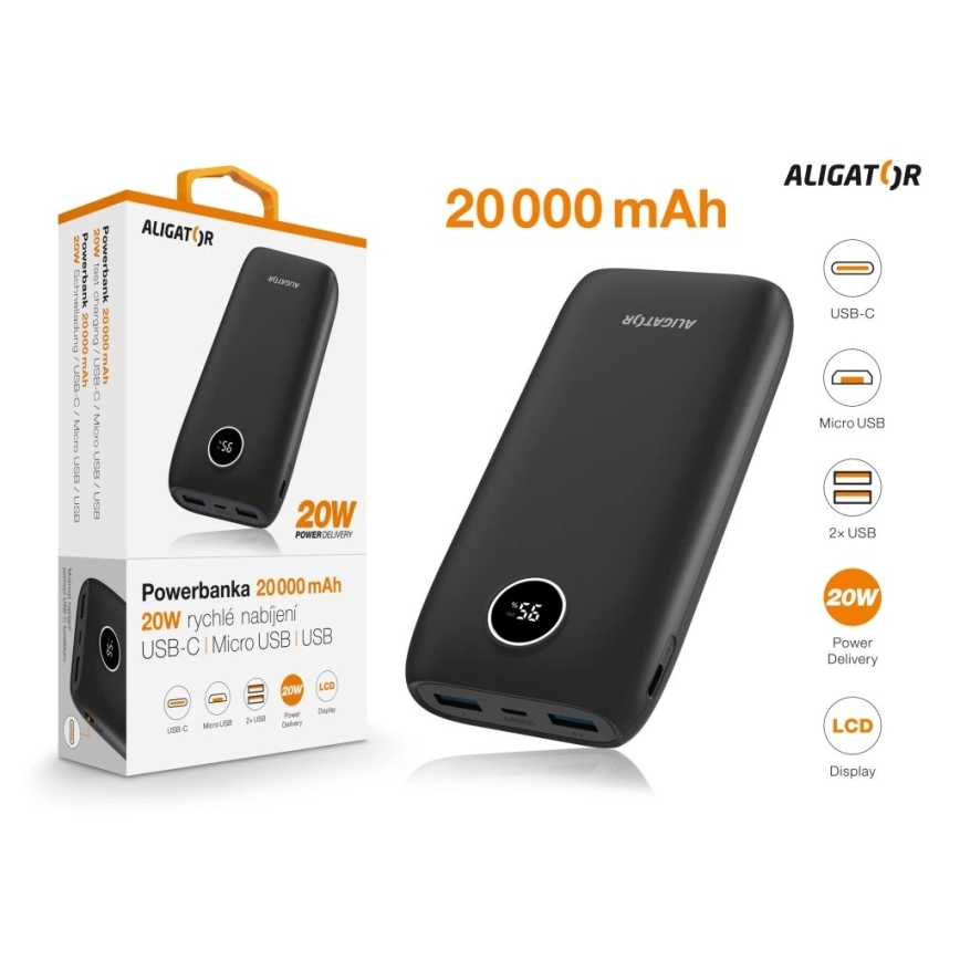 Aligator PBPD20BK - Powerbank LCD-näytöllä Power Delivery 20000 mAh/20W/3,7V musta