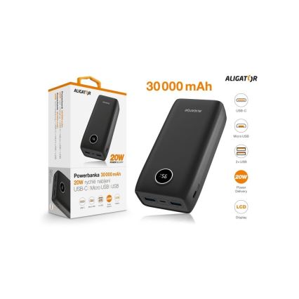 Aligator PBPD30BK - Varavirtalähde (powerbank) LCD-näytöllä, Power Delivery 30000 mAh/20W/3,7V, musta