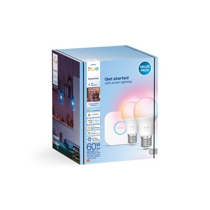 Aloituspaketti Philips Hue White And Color Ambiance Essential 2xE27/8W/230V 2200-6500K + yhdistämislaite