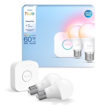 Aloituspaketti Philips Hue White And Color Ambiance Essential 2xE27/8W/230V 2200-6500K + yhdistämislaite