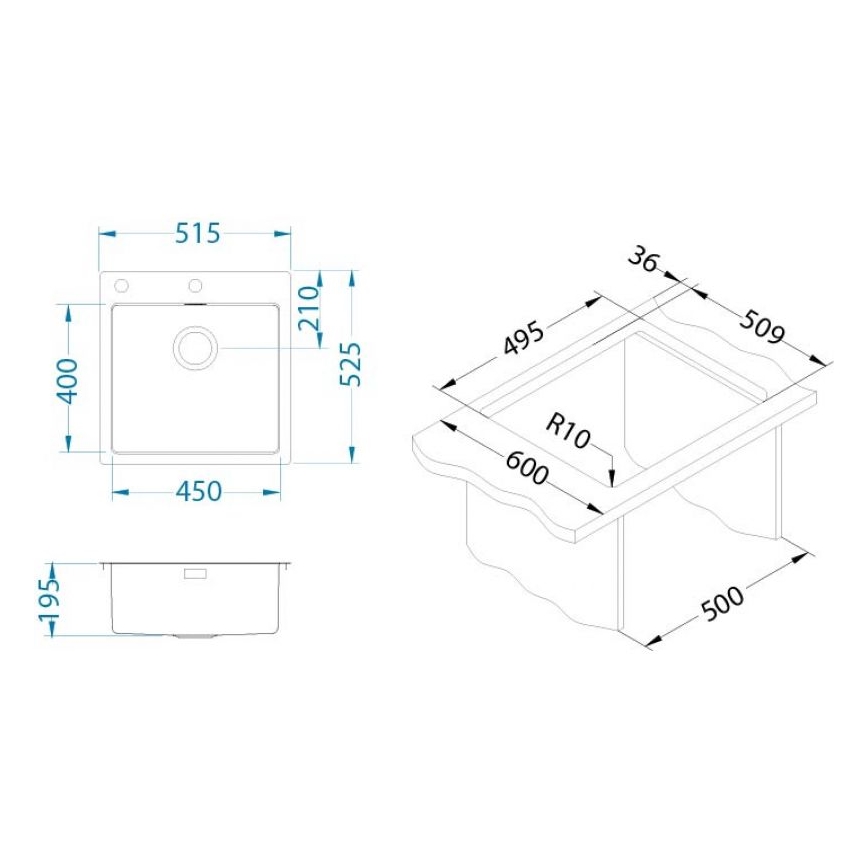 ALVEUS 1103609 - Keittiön pesuallas PURE 52,5x51,5 cm satiini
