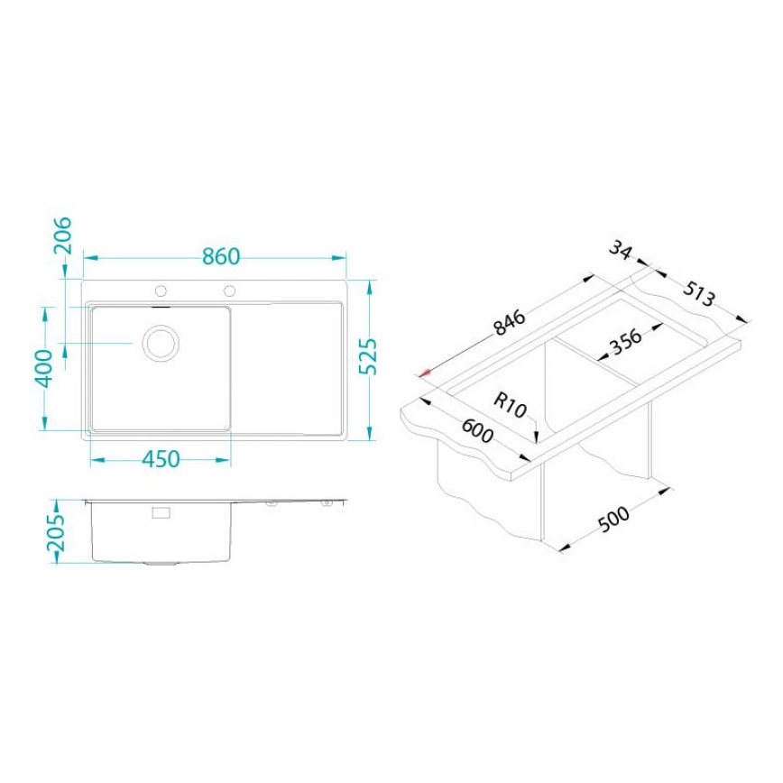 ALVEUS 1103653 - Keittiön pesuallas PURE 86x52,5 cm satin, oikea