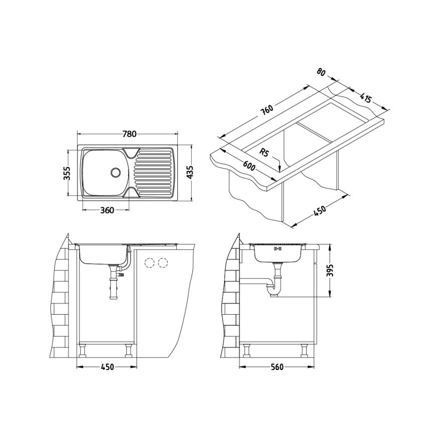 ALVEUS 1136534 - Keittiöallas BASIC 78x43,5 cm mattateräs/satiini, pieni viemäriaukko