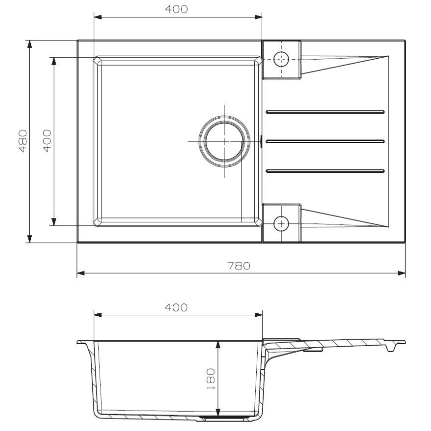 ALVEUS SETA23201 - Keittiöallas ROCK 78x48 cm + allashana joustavalla juoksuputkella MINTAS 34 cm graniitti/mattamusta