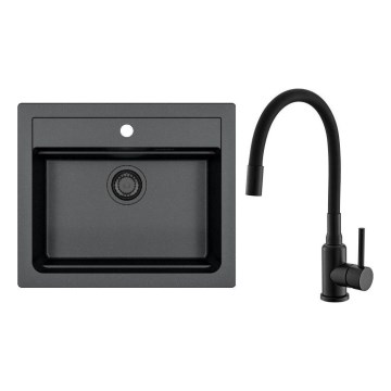 ALVEUS SETA23228 - Keittiöallas ATROX 59x50 cm + keittiöhana MINTAS 34 cm, joustavalla juoksuputkella, graniitti/mattamusta
