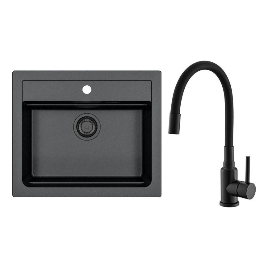 ALVEUS SETA23228 - Keittiöallas ATROX 59x50 cm + keittiöhana MINTAS 34 cm, joustavalla juoksuputkella, graniitti/mattamusta