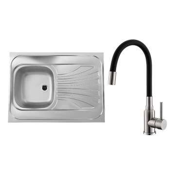 ALVEUS SETA24019 - Keittiöallas CLASSIC 80x60 cm + keittiöhana joustavalla juoksuputkella MINTAS 34 cm harjattu teräs/musta
