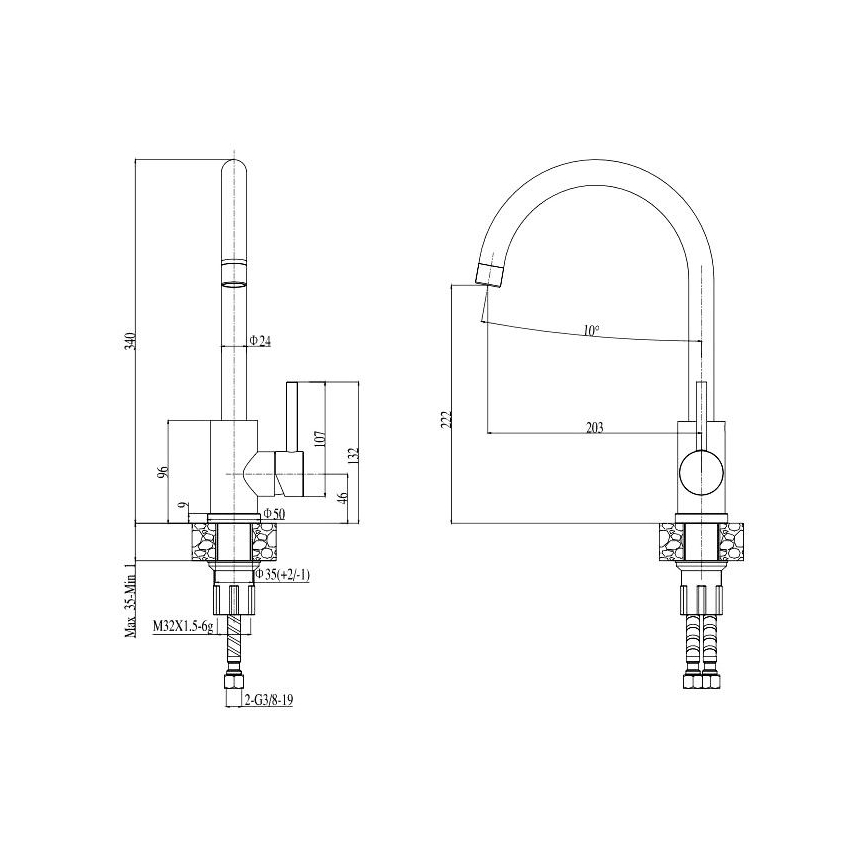 ALVEUS SETA737 - keittiöallas CORTINA 50x45 cm + keittiöhana TONIA 29,5 cm joustavalla juoksuputkella, graniitti/mattamusta