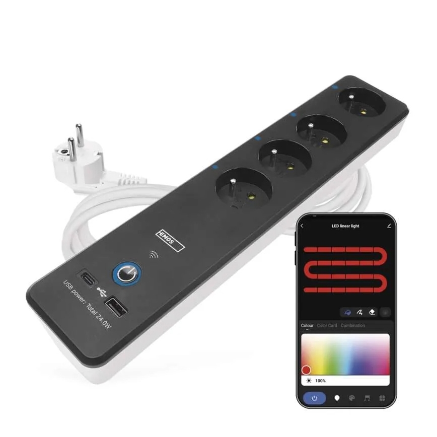 Älykäs jatko kaapeli kytkimellä GoSmart 4Z + 1xUSB-A + 1xUSB-C 2 m Wi-Fi Tuya