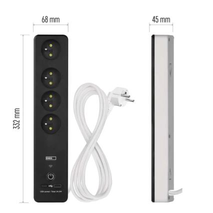 Älykäs jatko kaapeli kytkimellä GoSmart 4Z + 1xUSB-A + 1xUSB-C 2 m Wi-Fi Tuya