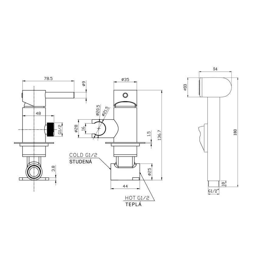 Aqualine - Suihkulla varustettu bideehana piiloasennukseen matta musta