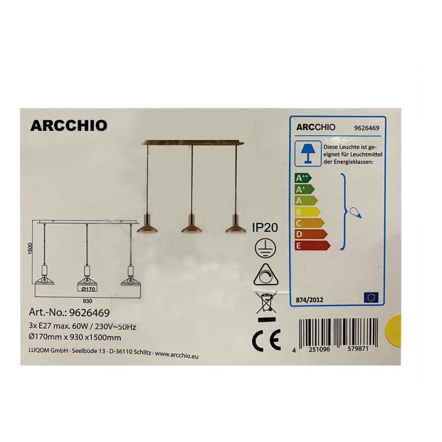 Arcchio - Kattokruunu johdossa JAIKA 3xE27/60W/230V