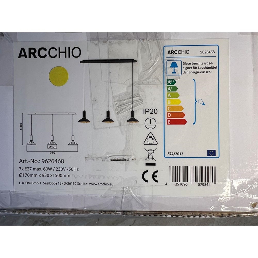 Arcchio - Kattokruunu johdossa JAIKA 3xE27/60W/230V