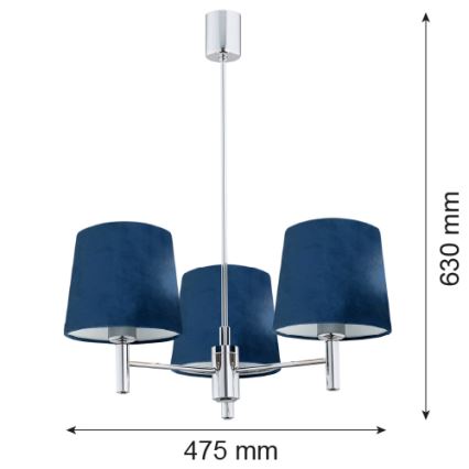 Argon 1381 - Kattokruunu tangossa BOLZANO 3xE27/15W/230V sininen/kiiltävä kromi