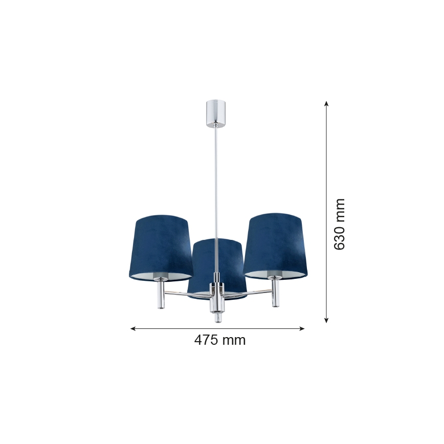 Argon 1381 - Kattokruunu tangossa BOLZANO 3xE27/15W/230V sininen/kiiltävä kromi