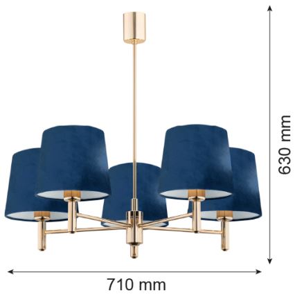 Argon 2086 - Kattokruunu tangossa PONTE 5xE27/15W/230V sininen/messinki